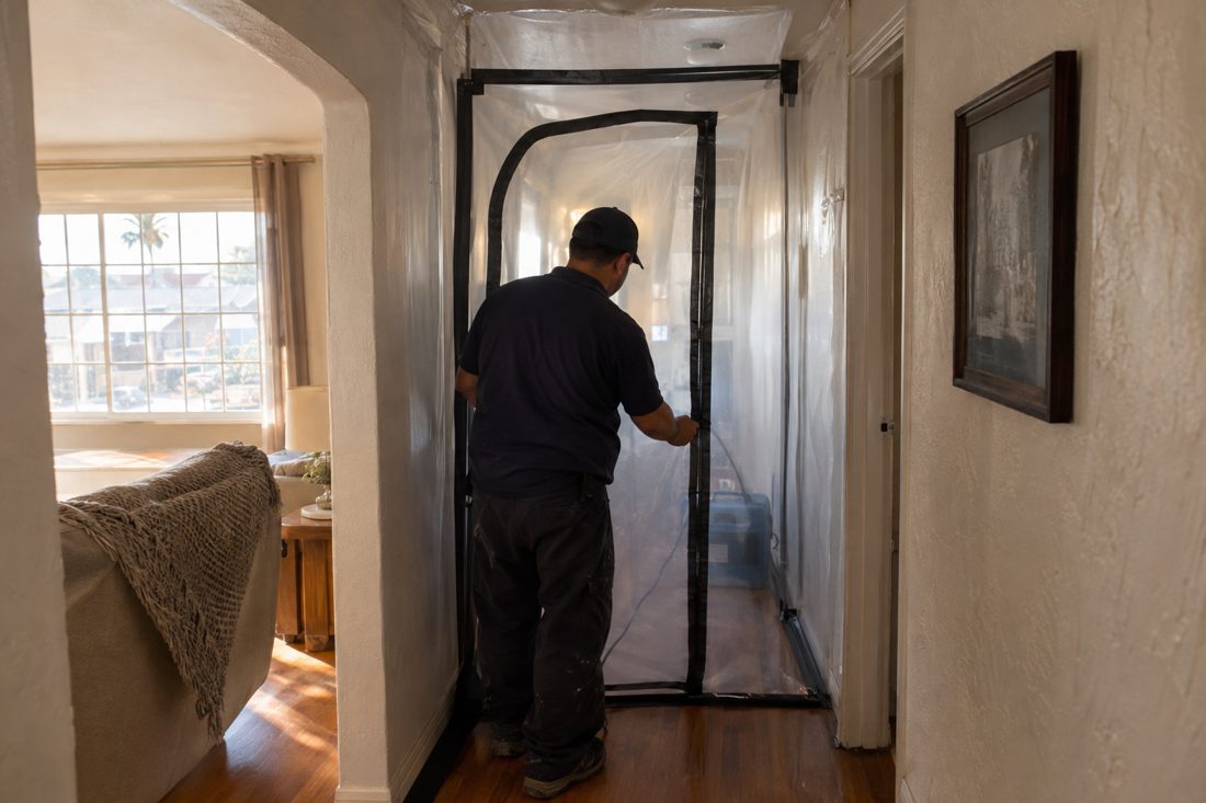 Containment plastic sheeting and a zipper door sealing off a hallway during drying at a 1950s stucco single-story bungalow in a Southern California neighborhood in Gardena, CA