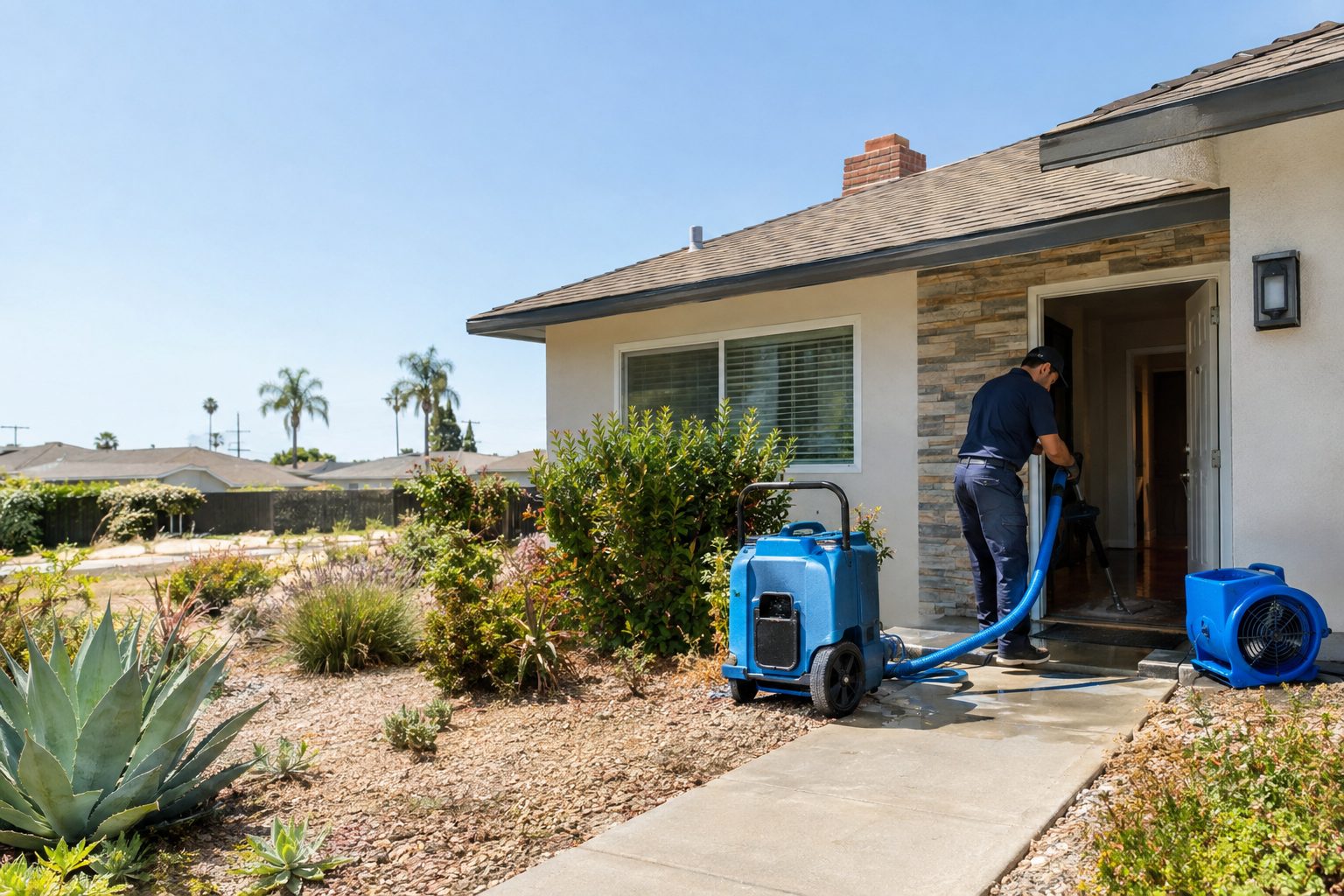 A restoration technician extracts water from a postwar Hawthorne home's entryway, with drying equipment ready beside the doorway in Hawthorne, CA