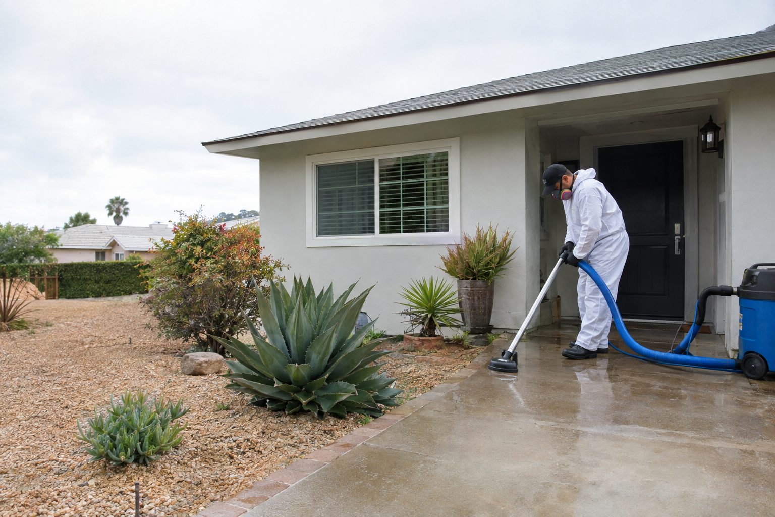 A restoration technician in protective gear extracts water beside a compact postwar ranch in Lawndale, checking the damp exterior entry area in Lawndale, CA