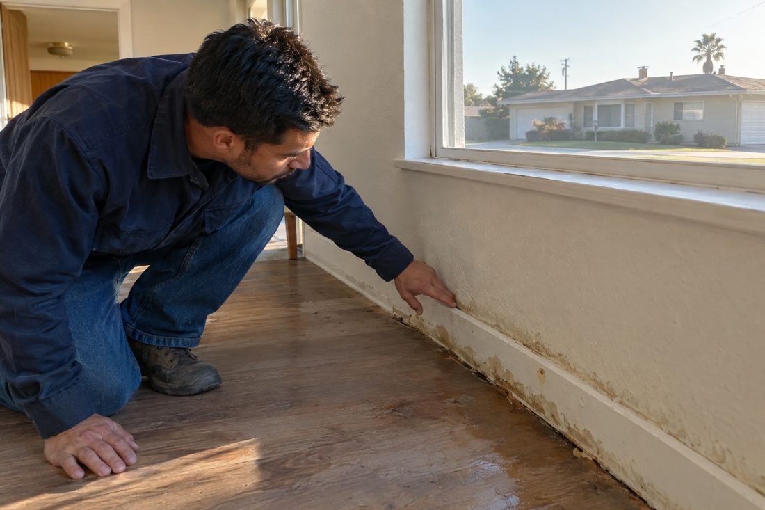 A close view of a worker checking a damp baseboard and flooring inside a post-war Gardena ranch home in Moneta, CA