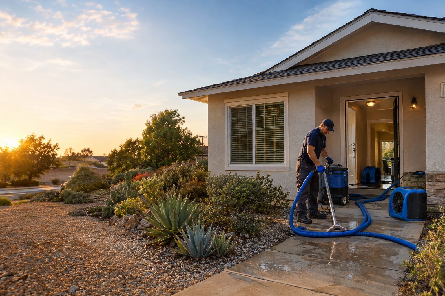 A restoration technician extracts water outside a post-war Rowley Park home, with drying equipment staged near the open front entry in Rowley Park, CA