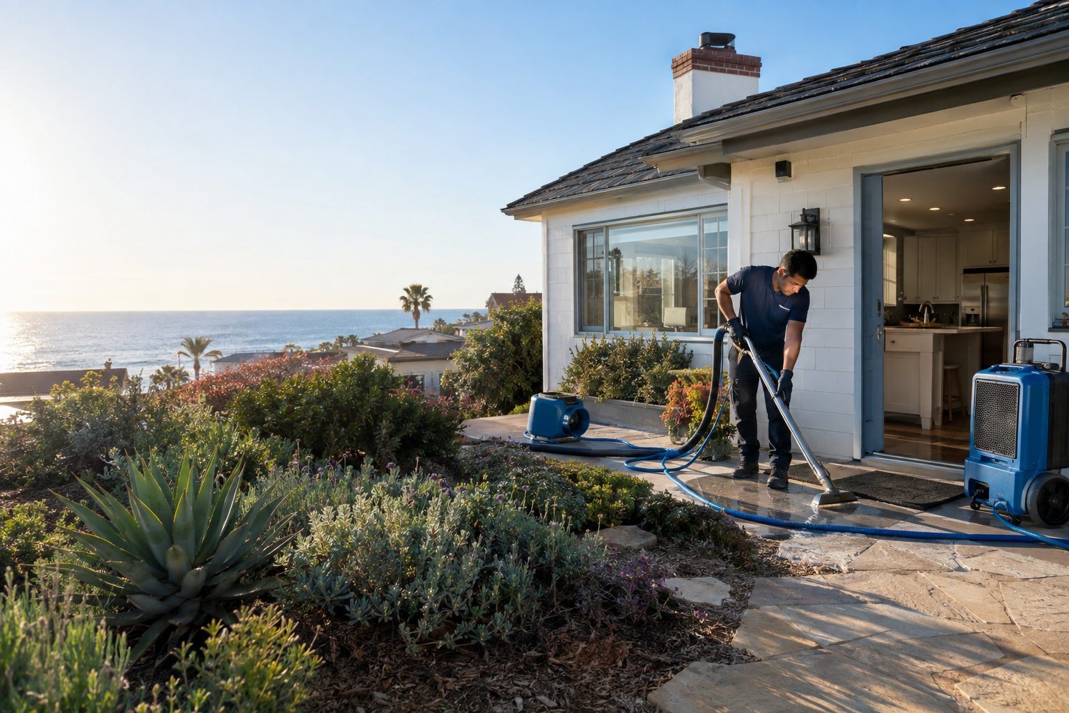A restoration technician extracts water beside an older Manhattan Beach coastal cottage, with drying equipment visible outdoors near the entry in Manhattan Beach, CA