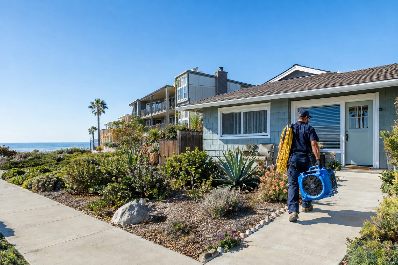 A restoration worker carries extraction equipment across the front walk of a compact Sand Section beach cottage in Sand Section, CA