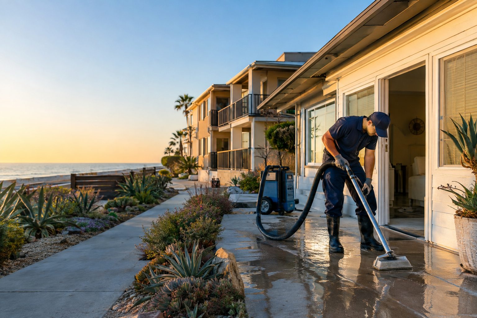 A restoration worker extracts water from flooring outside a compact South Hermosa coastal home on a clear day in South Hermosa, CA