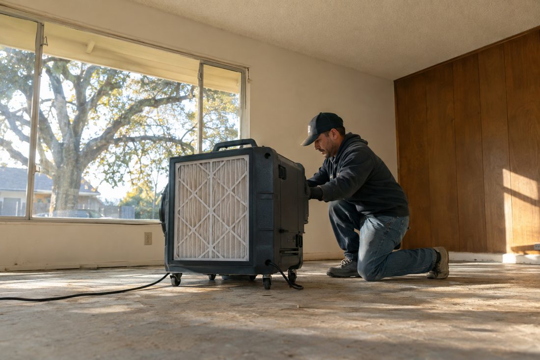 An air scrubber with a HEPA filter running in a cleared-out bedroom at a 1960s ranch house with a valley oak in California's Central Valley in Modesto, CA