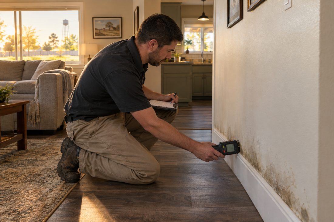 A technician checks moisture along a damp baseboard inside a Ceres ranch home, recording readings near the affected wall in Ceres, CA
