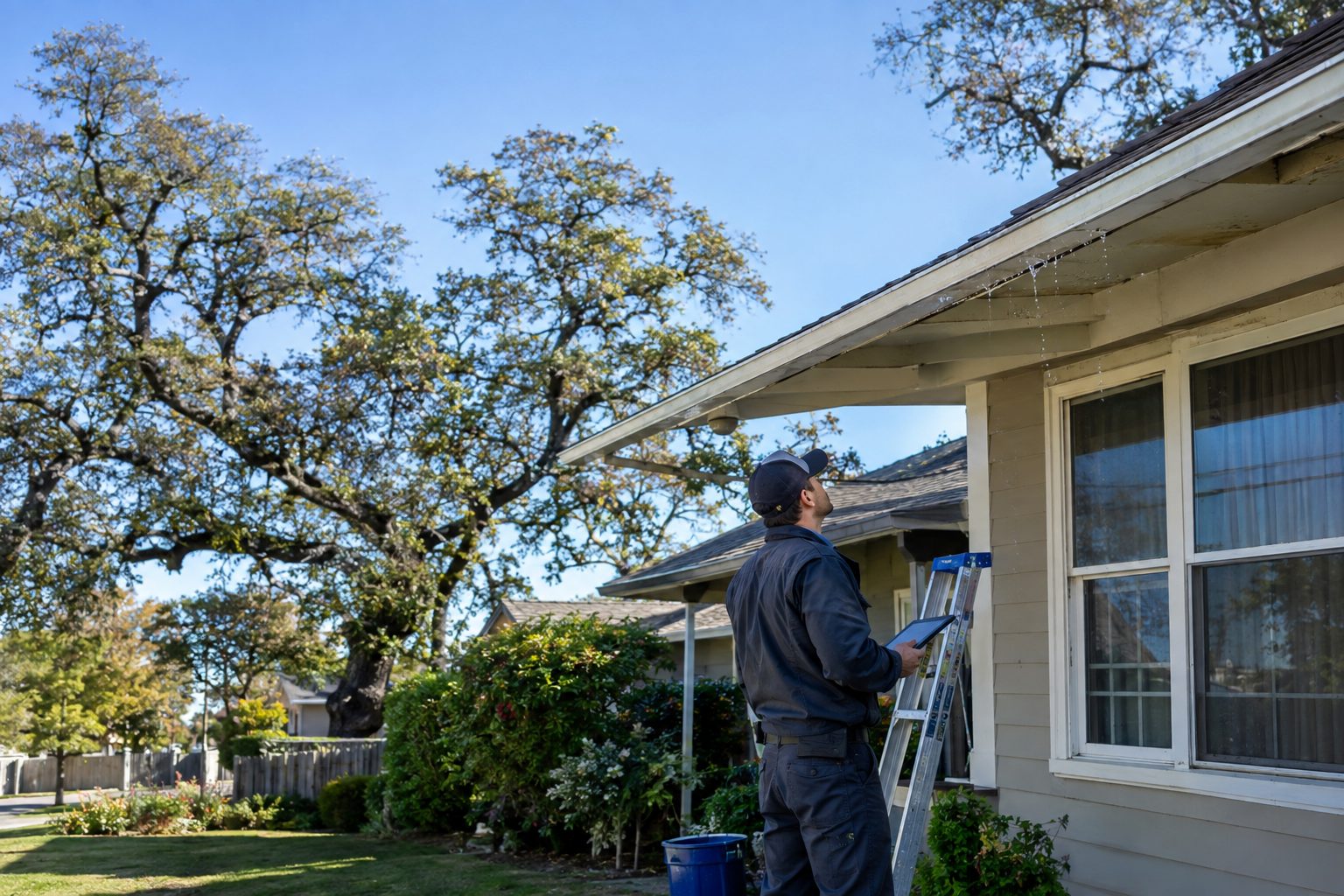 A restoration worker outside an older College Area home checks roof-edge runoff and documents a ceiling leak after a Central Valley winter storm in College Area, CA