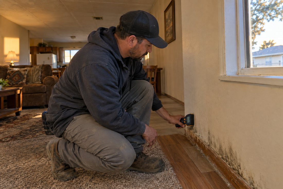 A close view of a worker measuring moisture beside damp baseboards in an Empire home's living room in Empire, CA