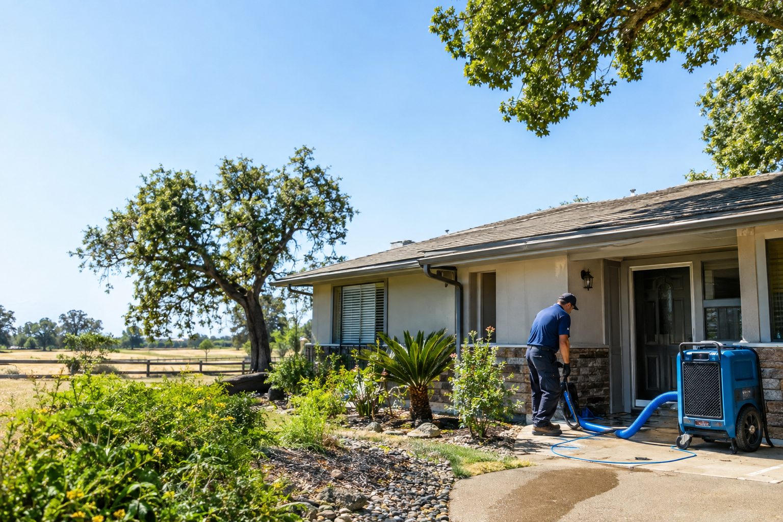 A restoration technician outdoors beside a Riverbank ranch home, inspecting roof runoff and preparing extraction equipment near the entrance in Riverbank, CA