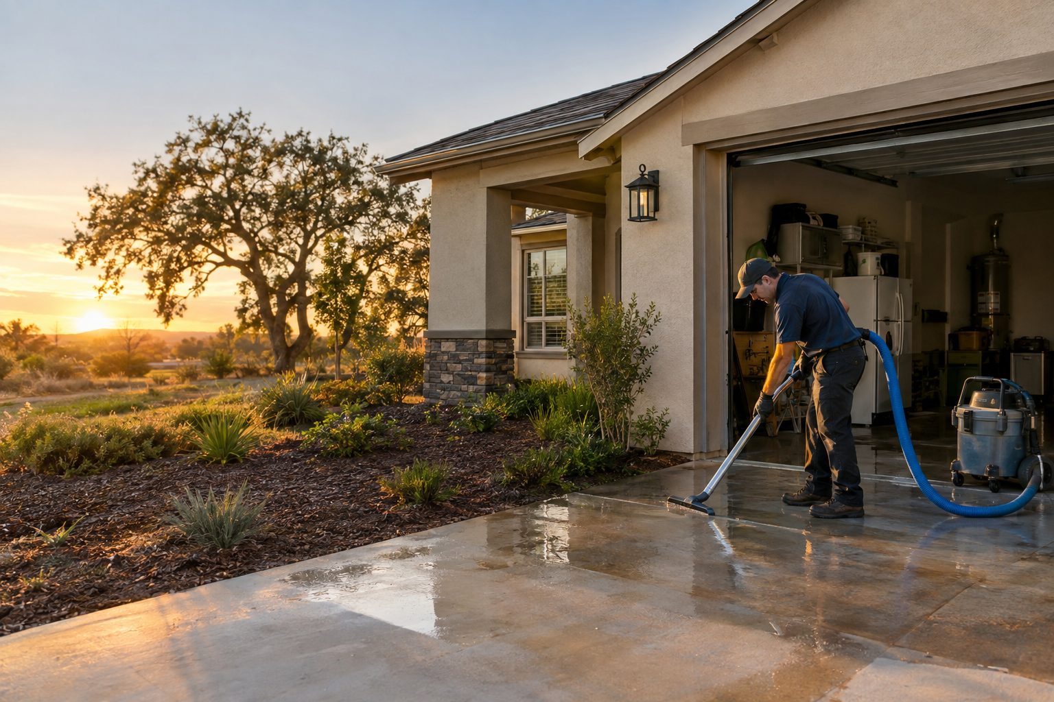 A restoration worker extracts water beside the garage entry of a Village One home after an appliance leak in Village One, CA