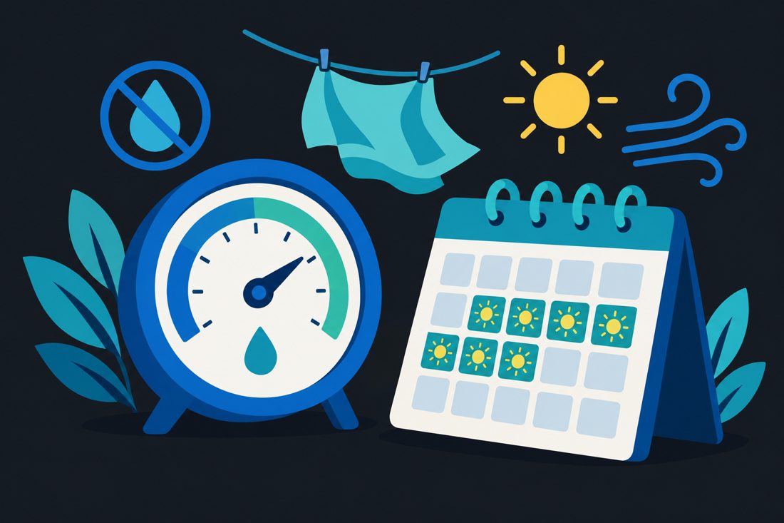 Illustration of a hygrometer and a calendar showing drying days for a Rowlett, TX home