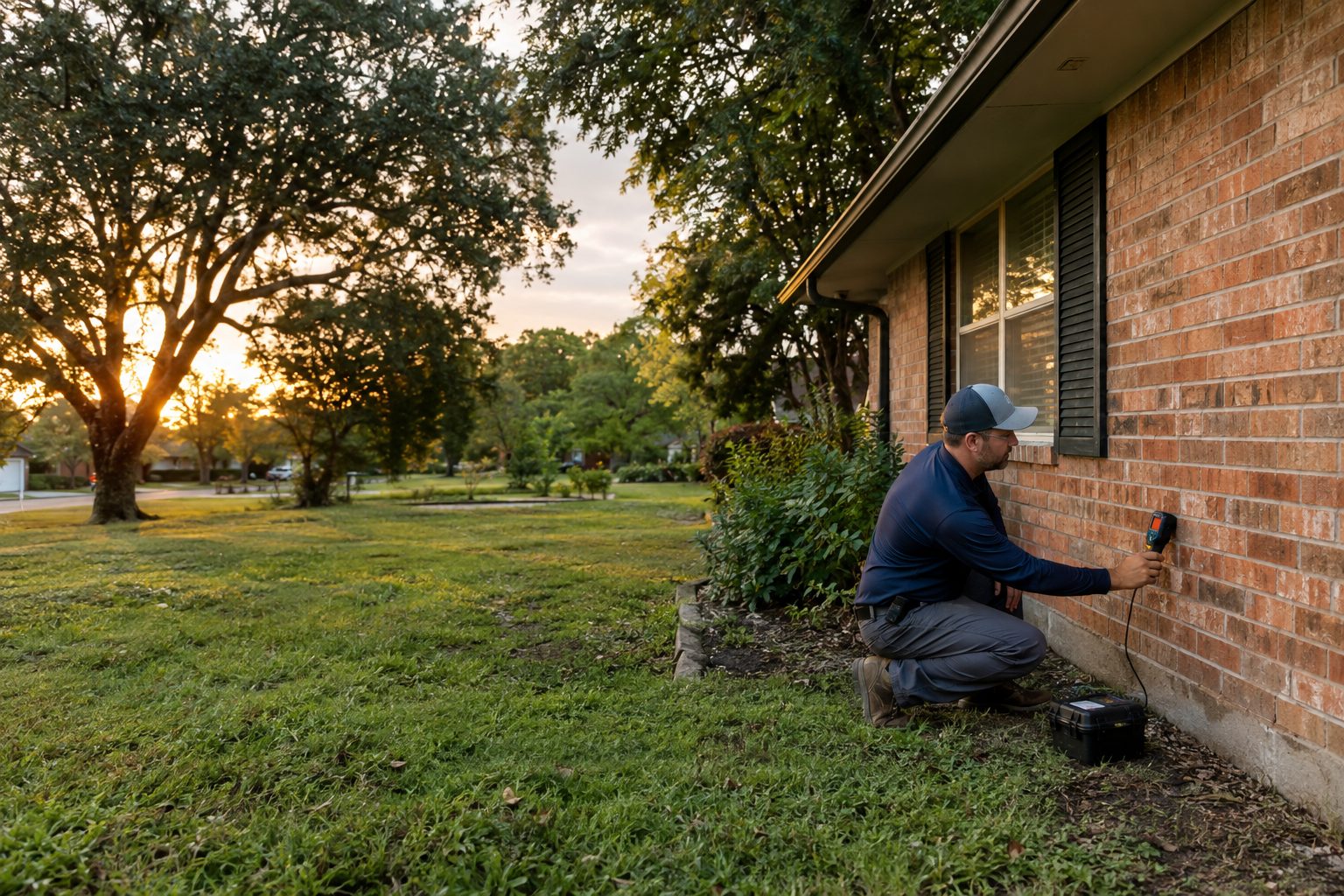 A restoration technician checks exterior wall moisture beside a modest brick ranch in Downtown Rowlett after a spring storm in Downtown Rowlett, TX