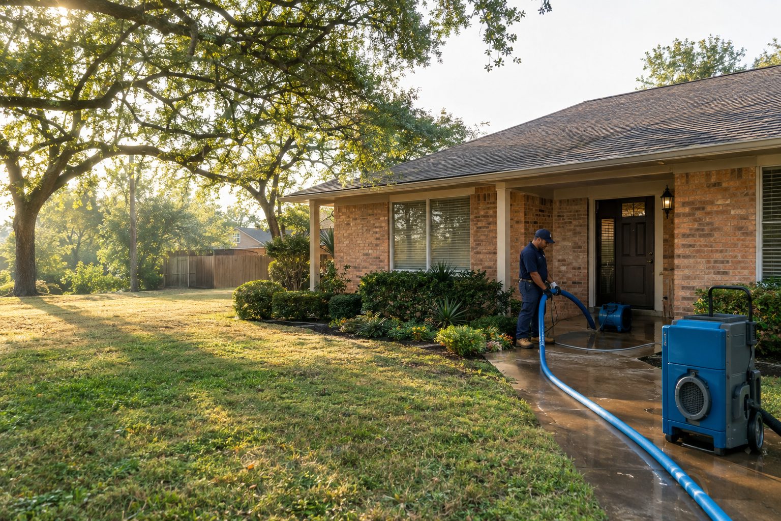 A restoration worker extracts water outside an established Garland brick ranch, guiding a hose from a damp entry toward drying equipment in Garland, TX