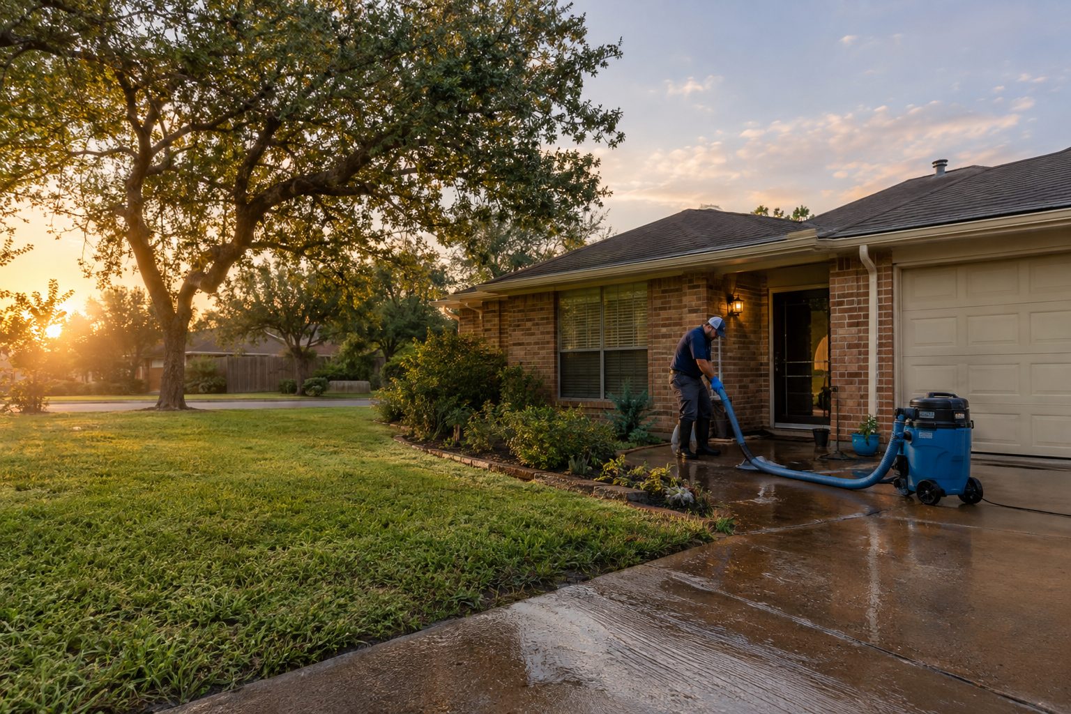 A restoration worker extracts water beside a brick Sachse ranch home, checking the entryway after a spring storm in Sachse, TX