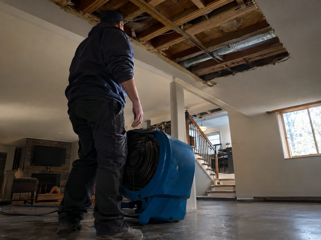 A ceiling cavity opened up to dry with an air mover aimed up into it at a split-level home with a finished basement in the Missouri Northland in Kansas City, MO