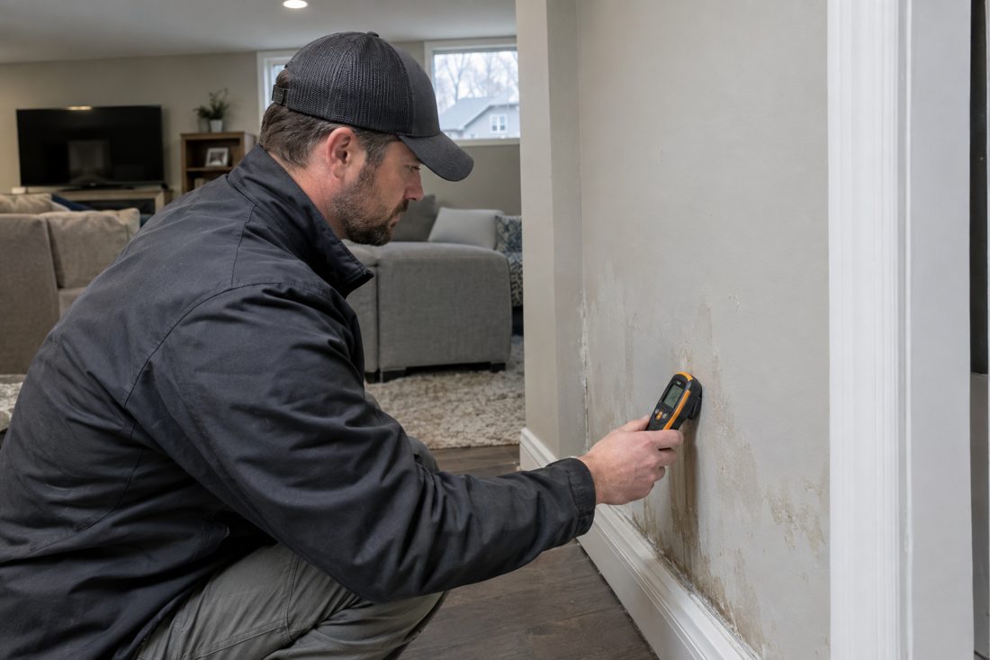 A close view of a technician checking damp basement drywall with a moisture meter beside the home's finished living area in Platte Woods, MO