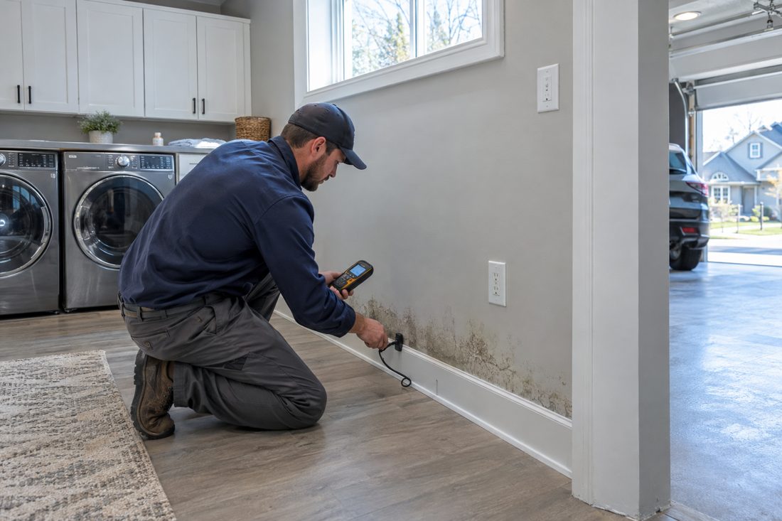 A technician records moisture readings beside damp basement baseboards in a finished Northland home's laundry area in Tiffany Springs, MO