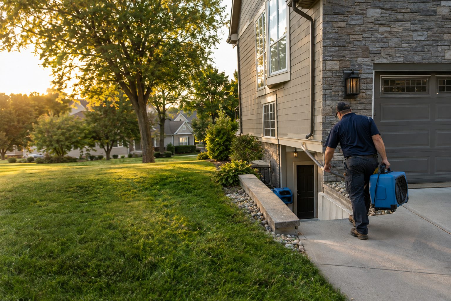 A restoration technician checks exterior drainage beside a Northland home while carrying drying equipment toward its basement entrance in Tiffany Springs, MO