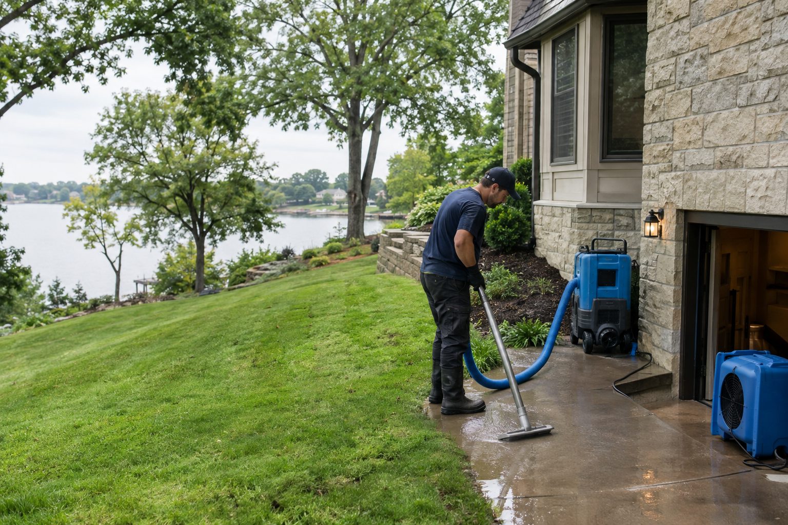 A restoration worker extracts water outside a finished-basement Northland home, with drying equipment ready near the entry in Weatherby Lake, MO