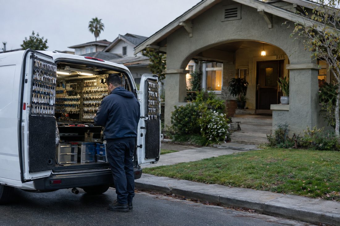 A locksmith van parked at night with the back doors open showing organized key blanks at a Mid-City Los Angeles Craftsman duplex with an arched porch in Los Angeles, CA