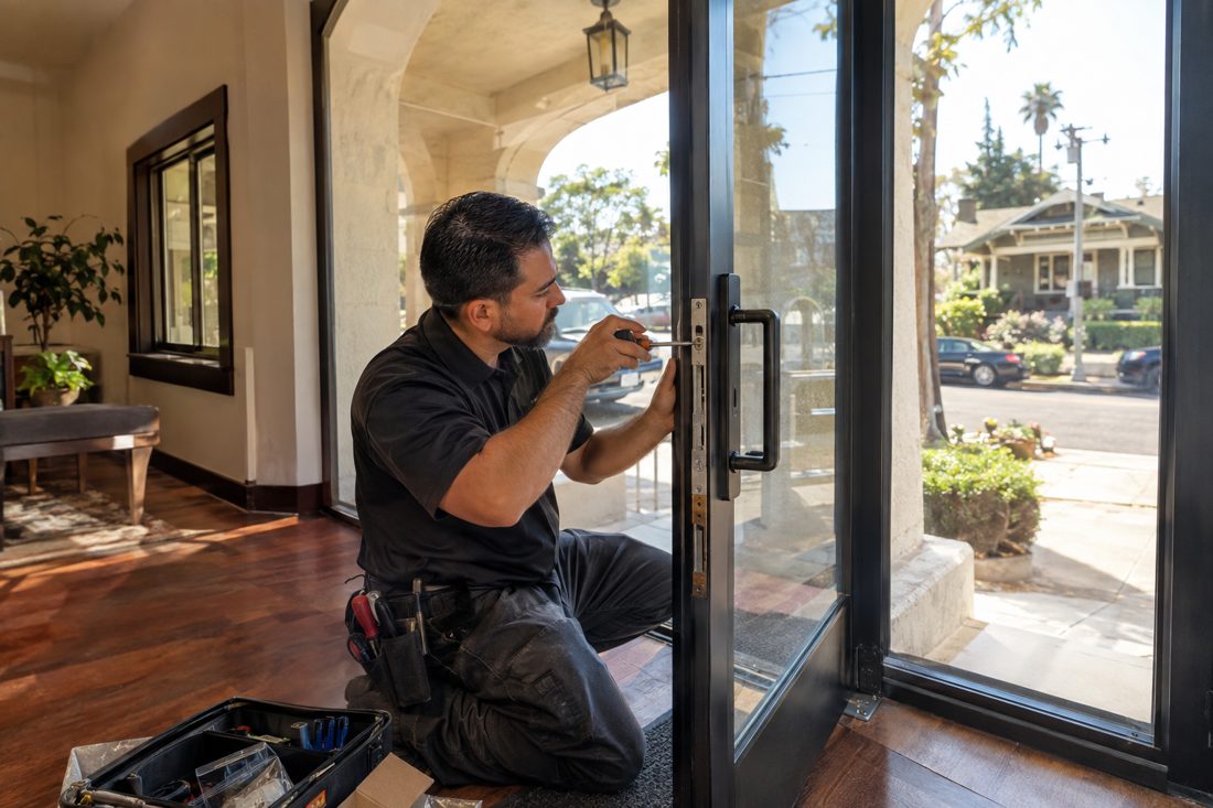 A locksmith installing a new mortise lock on a commercial glass storefront door at a Mid-City Los Angeles Craftsman duplex with an arched porch in Los Angeles, CA