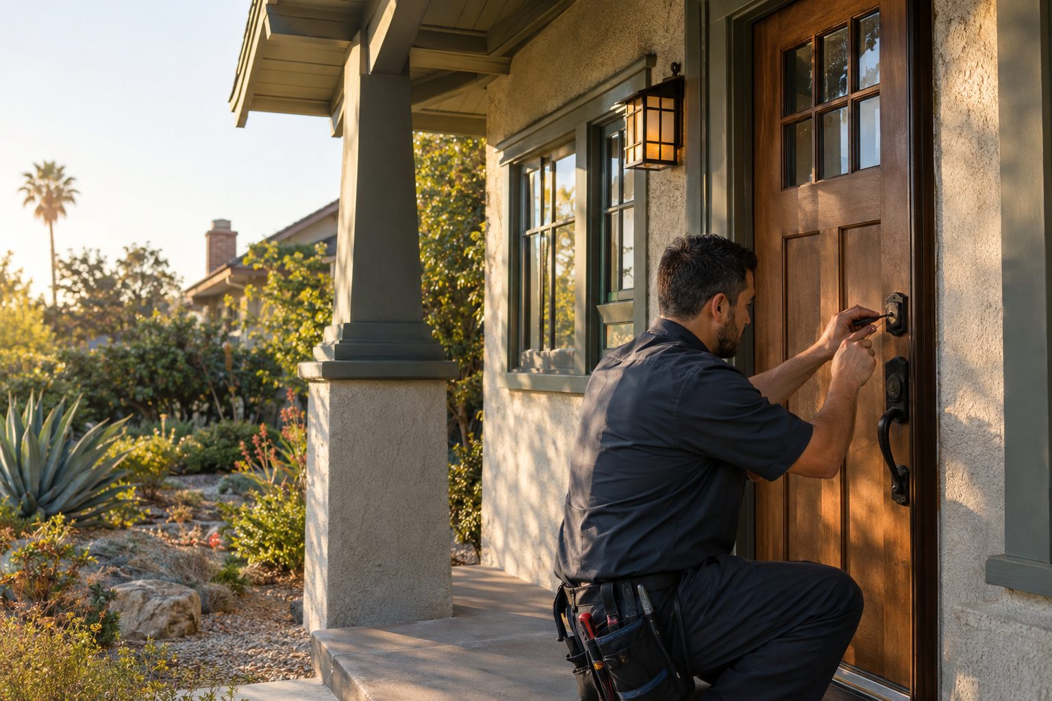 A locksmith checks a Craftsman home's front deadbolt outdoors in Mid-Wilshire, with the entry door and original trim visible in Mid-Wilshire, CA