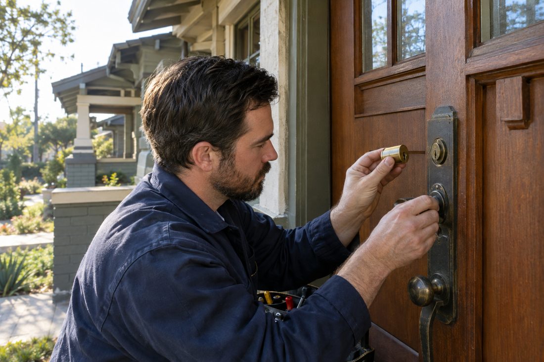Close view of a locksmith checking an original brass lock cylinder on a Craftsman home's front door in Picfair Village, CA