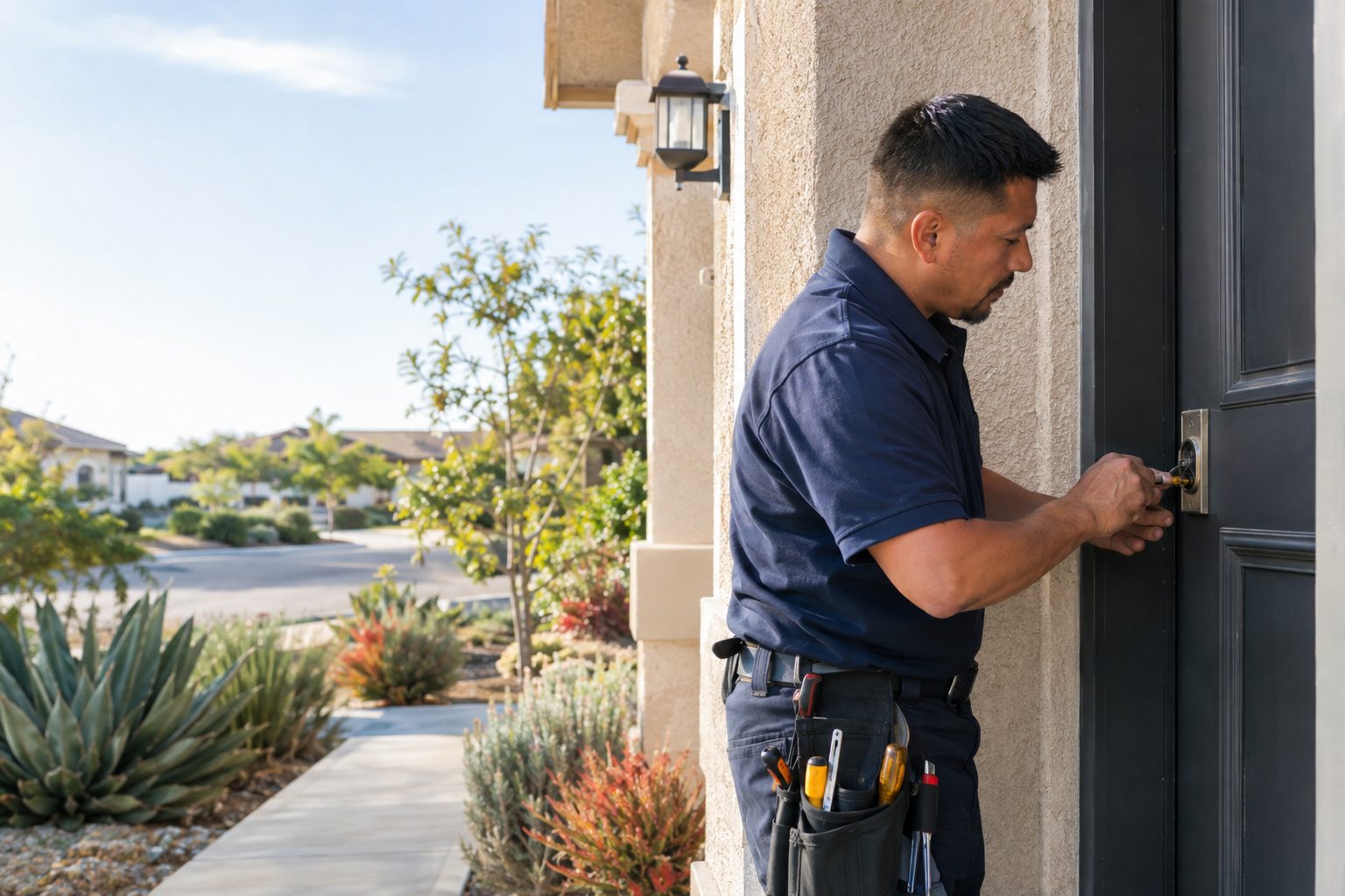A locksmith works on a front deadbolt outdoors at a stucco Rancho Dominguez home, checking the bolt alignment against its strike plate in Rancho Dominguez, CA
