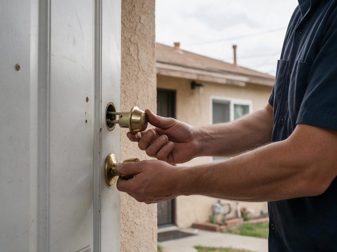 Close view of a locksmith fitting a replacement deadbolt into an older front door at a Willowbrook home in Willowbrook, CA