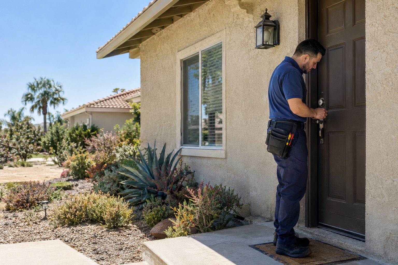 A locksmith checks a deadbolt on the front door of a stucco Willowbrook home in bright, dry afternoon weather in Willowbrook, CA