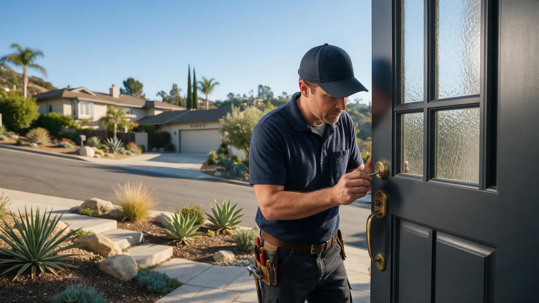A locksmith checks the alignment of a front-door deadbolt outside a Blair Hills single-family home on a sloping residential street in Blair Hills, CA