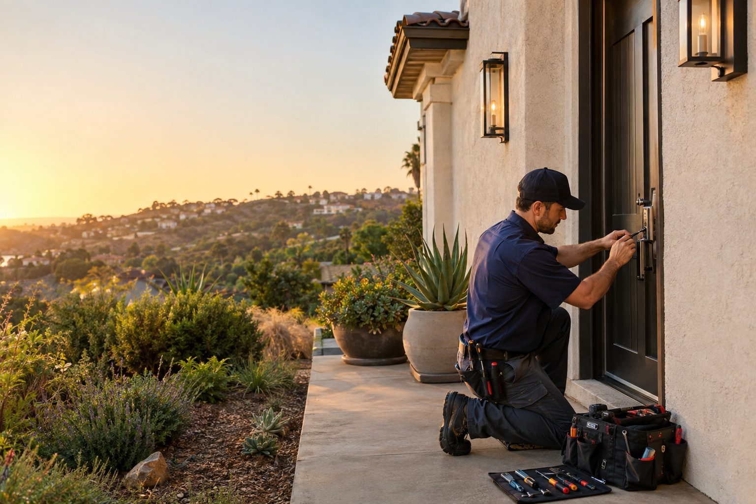 A locksmith checks a front-door deadbolt outside a stucco hillside ranch in Culver Crest, with tools neatly arranged beside the entry in Culver Crest, CA