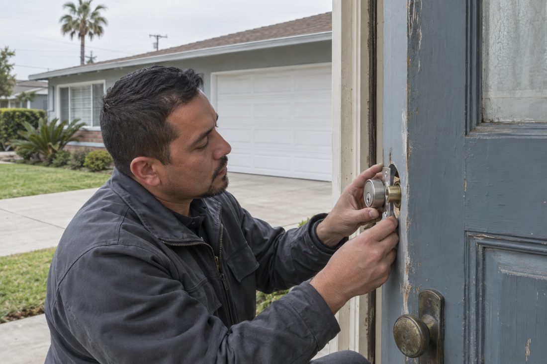 Close view of a locksmith aligning a new deadbolt with the strike plate on a weathered Bellflower front door in Bellflower, CA