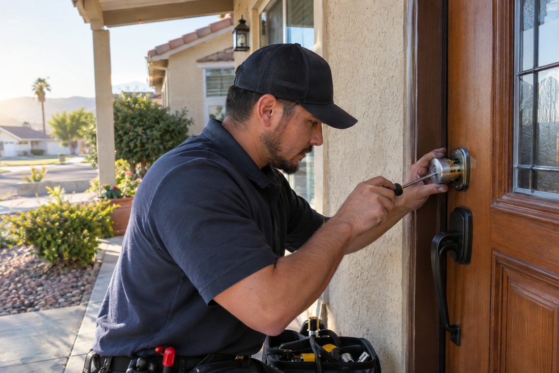 Close view of a locksmith fitting a new deadbolt into the front door of an established Los Amigos home in Los Amigos, CA