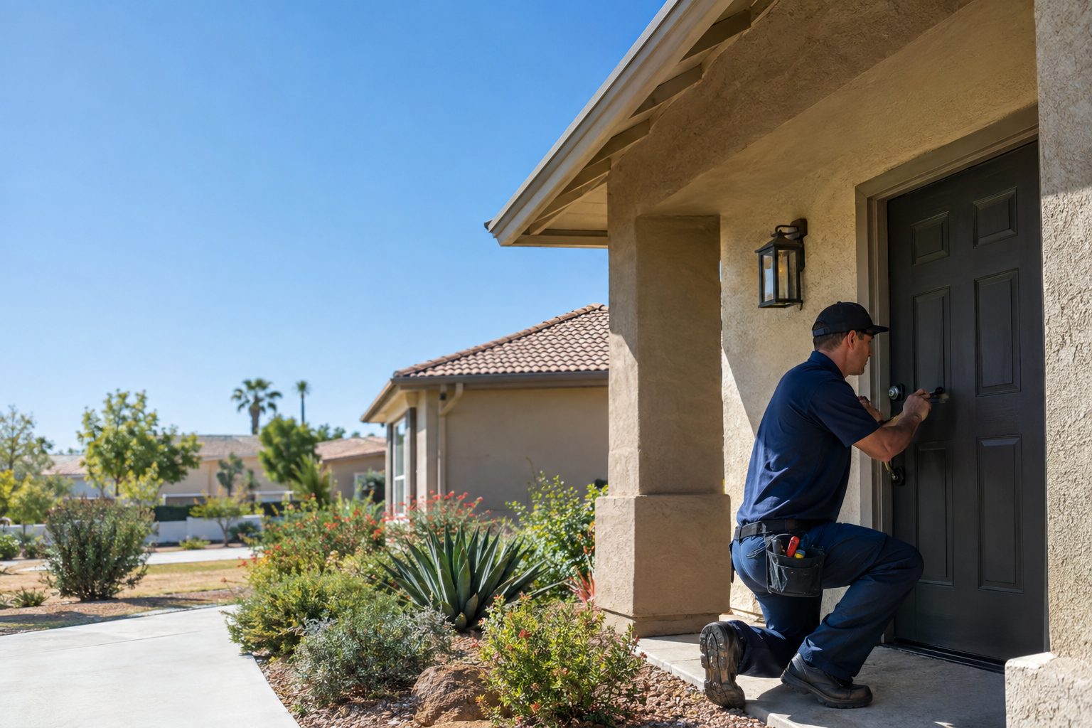 A locksmith checks a front-door deadbolt on a stucco ranch home in Los Amigos beneath the bright Downey afternoon sun in Los Amigos, CA
