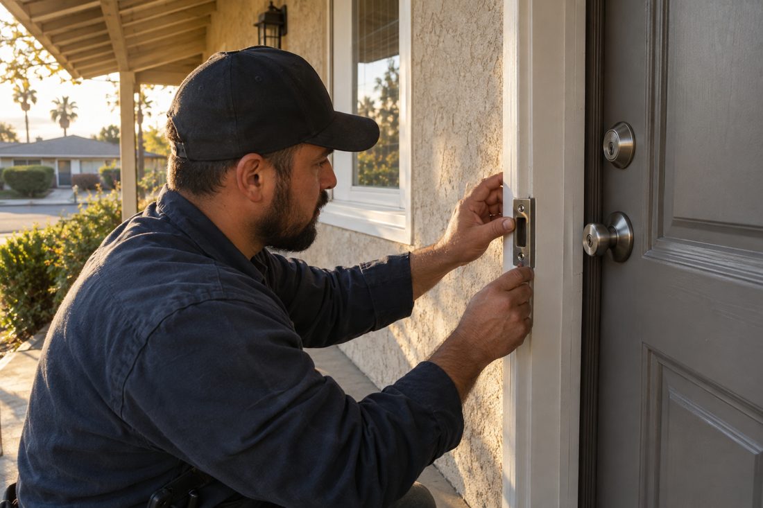 A close view of a locksmith aligning a deadbolt strike plate on a shaded porch door at a Norwalk ranch home in Norwalk, CA