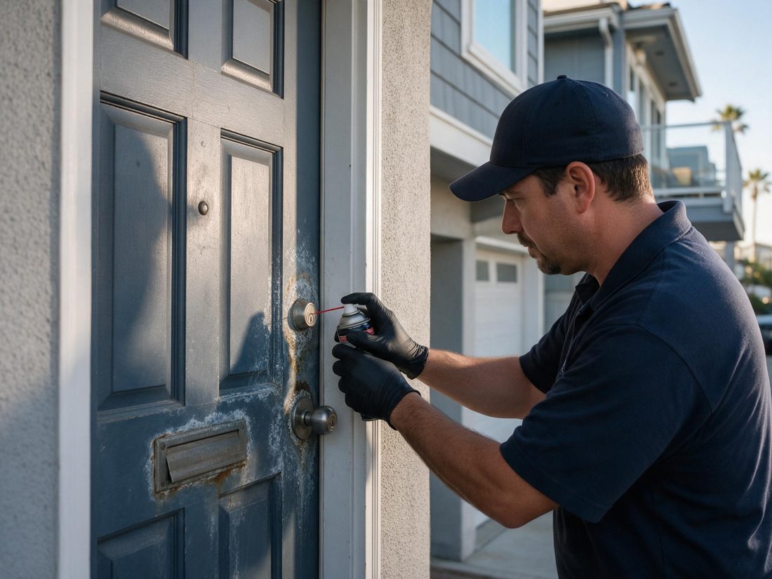 A locksmith lubricating a sticky front door lock at a Redondo Beach coastal townhouse with salt-weathered hardware in Redondo Beach, CA