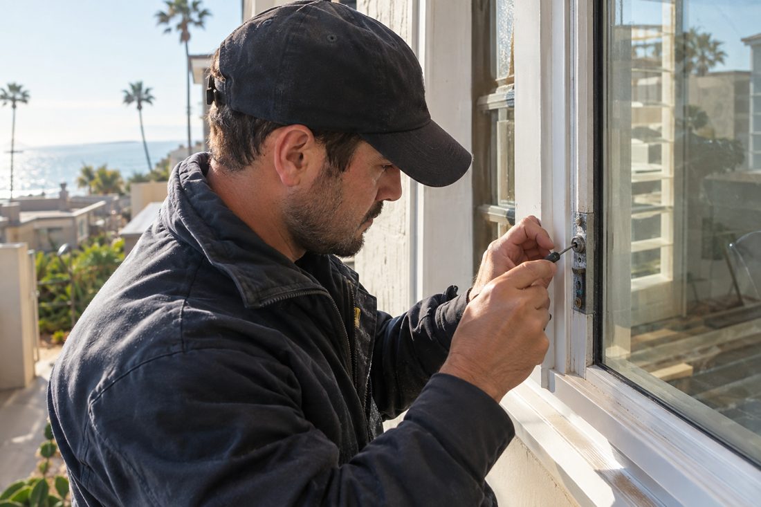 A locksmith checking a window lock on a ground floor window at a Redondo Beach coastal townhouse with salt-weathered hardware in Redondo Beach, CA