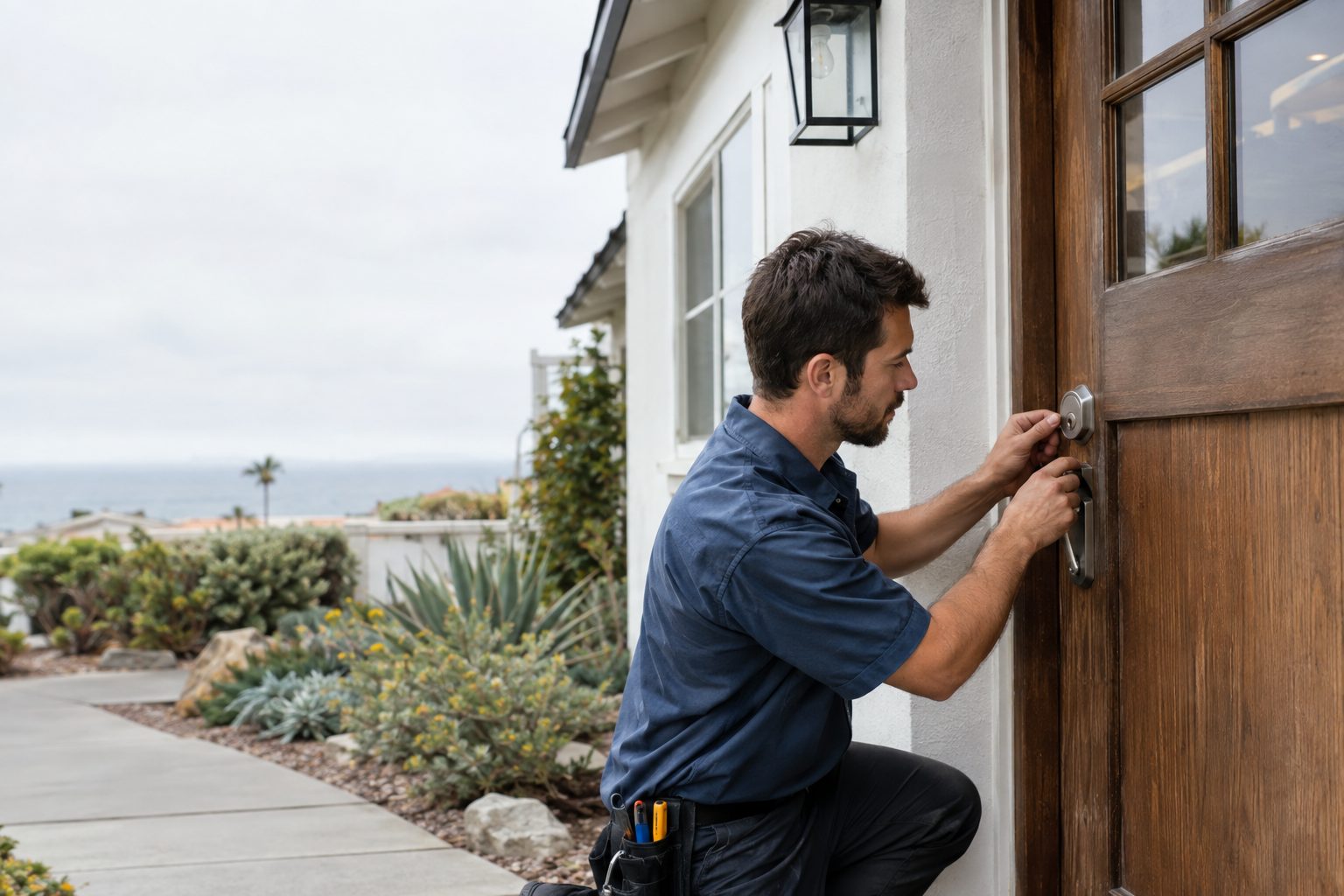 A locksmith checks the deadbolt alignment on a renovated Manhattan Beach beach cottage, working outside beside its front entry in Manhattan Beach, CA