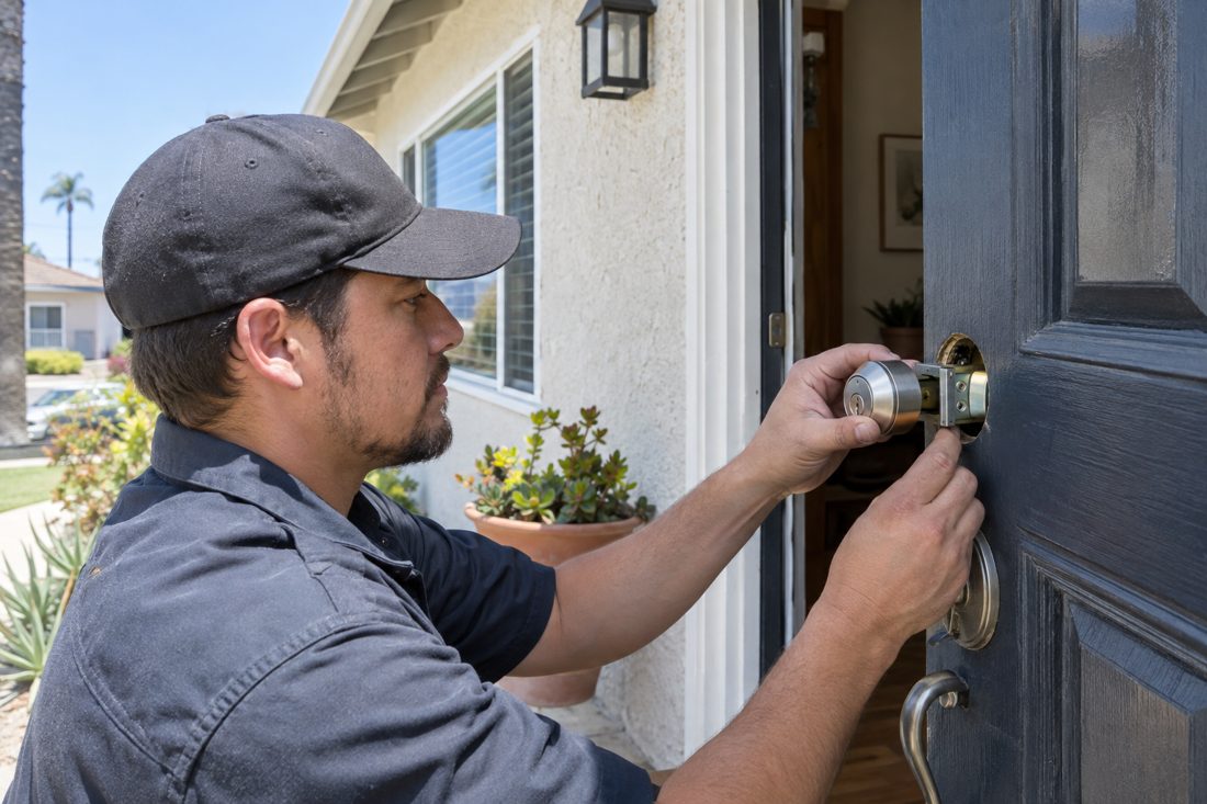 Close view of a locksmith aligning a replacement deadbolt in an older North Redondo home's front door in North Redondo, CA