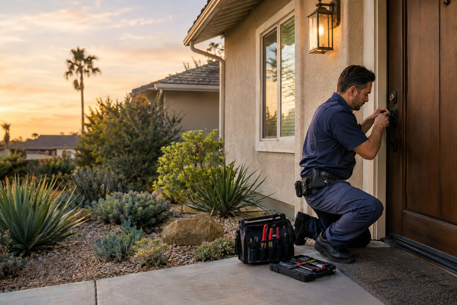 A locksmith checks a front-door deadbolt outside a stucco ranch in North Redondo, with tools arranged neatly beside the entry in North Redondo, CA