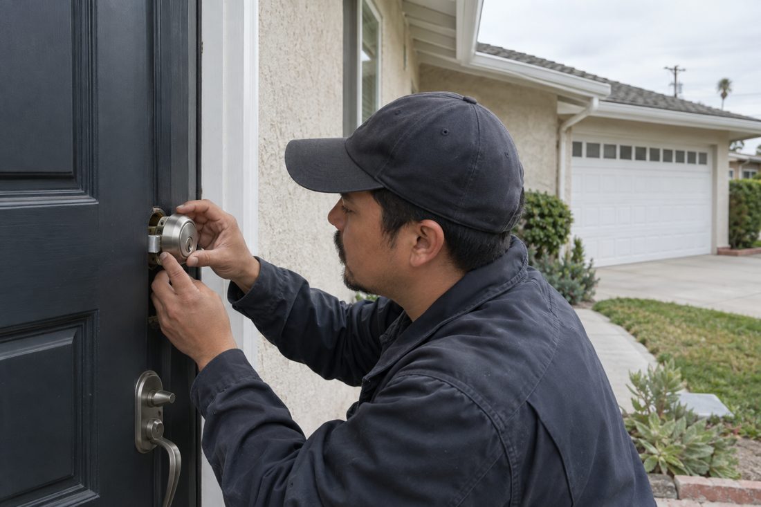 Close view of a locksmith aligning a replacement deadbolt in the front door of a Torrance ranch home in Torrance, CA