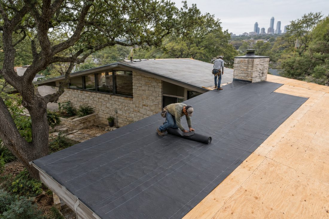 A drone view of a crew laying synthetic underlayment over fresh decking at a 1950s Austin ranch house with limestone accents and live oaks in Austin, TX