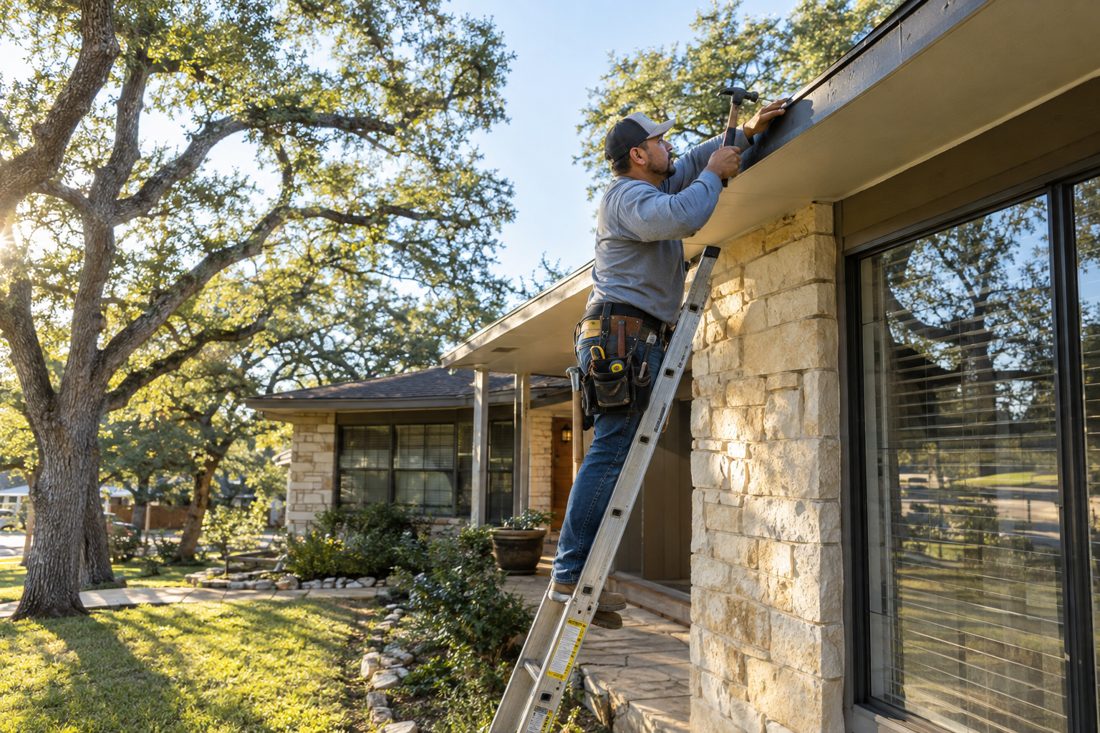 A roofer nailing drip edge along an eave at a 1950s Austin ranch house with limestone accents and live oaks in Austin, TX