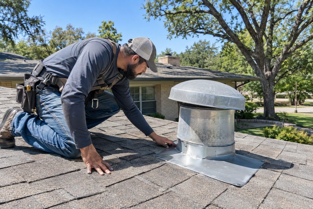 Close view of a roofer inspecting flashing around a vent on a low-pitched Brentwood ranch roof in Brentwood, TX