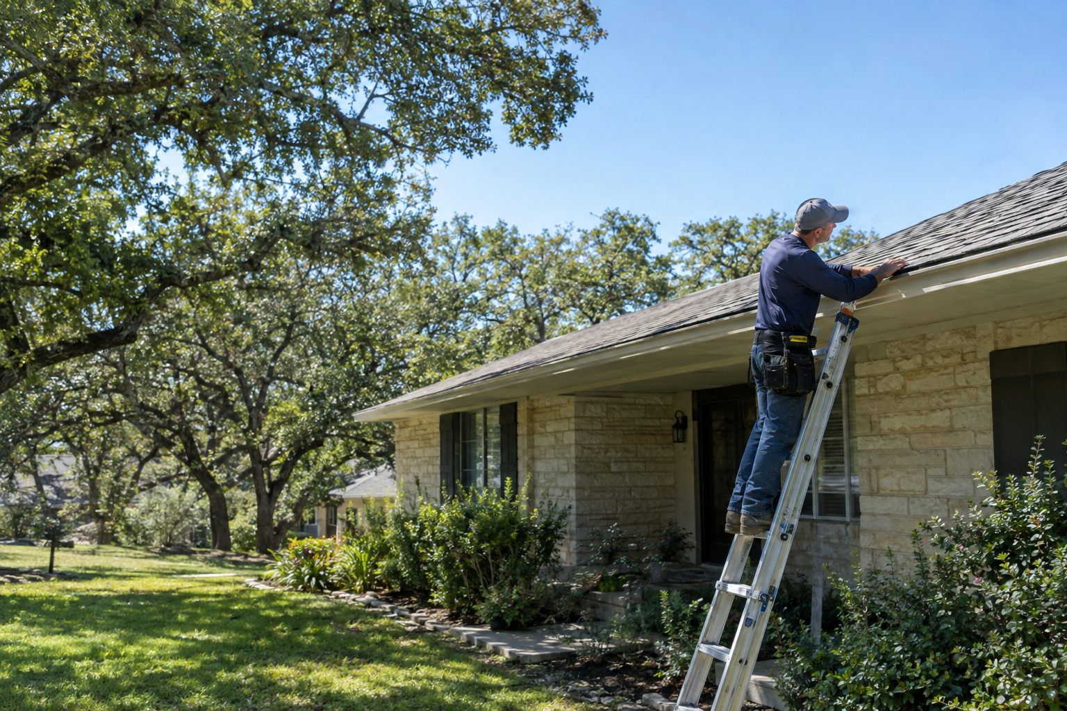 A roofing contractor inspects shingle edges from a ladder beside a shaded Crestview ranch house on a clear Austin morning in Crestview, TX