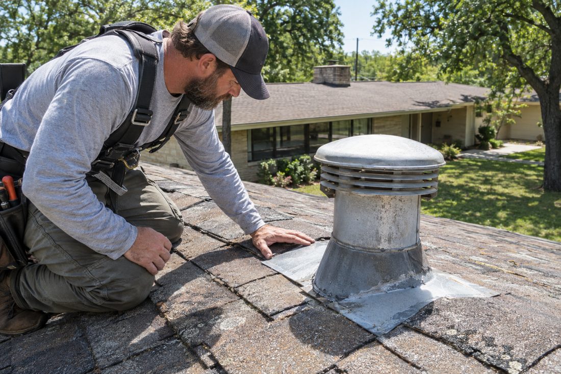 Close detail of a roofer checking flashing beside a vent on a Highland ranch roof, with weathered shingles visible around the repair in Highland, TX