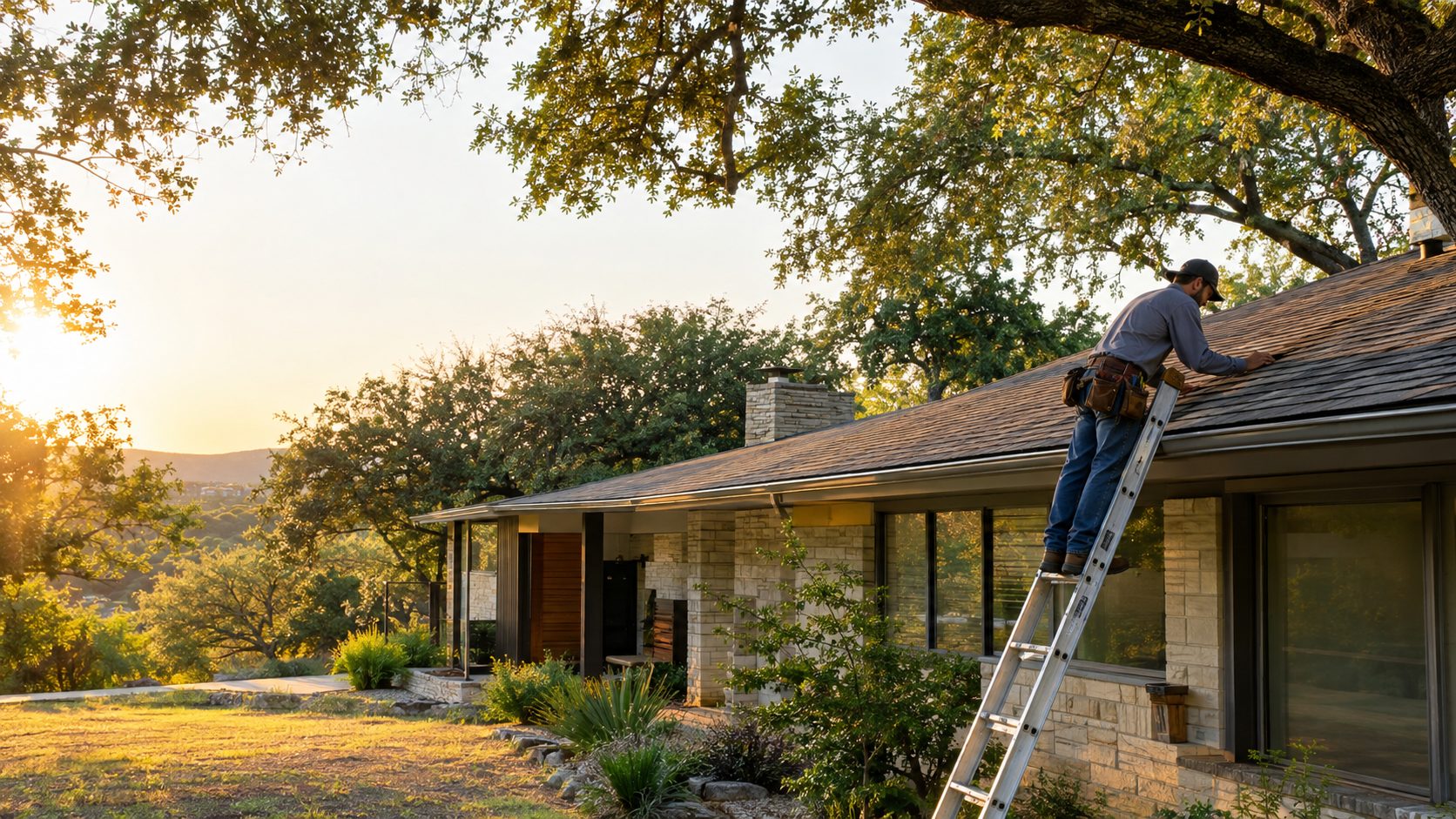 A roofing contractor inspects shingles from a ladder beside a Highland mid-century ranch as bright summer sun falls across the roof in Highland, TX