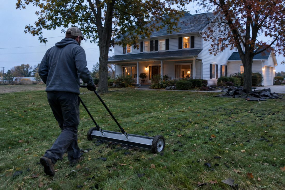 A magnetic sweeper rolling across the lawn after a tear-off at a two-story Iowa farmhouse-style home with maples in Waterloo, IA