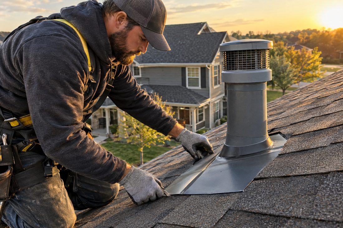 Close view of a roofer checking flashing beside a vent on the pitched roof of a Cedar Falls home in Cedar Falls, IA
